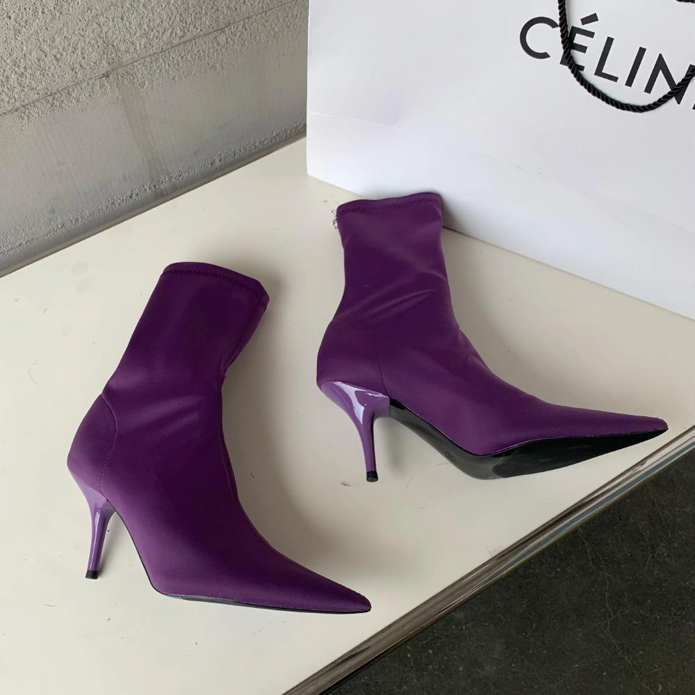 Stivali alla caviglia da donna in tessuto elasticizzato Autunno Primavera Punta appuntita sexy Tacco alto Moda Calzini da donna Scarpe con tacco a spillo