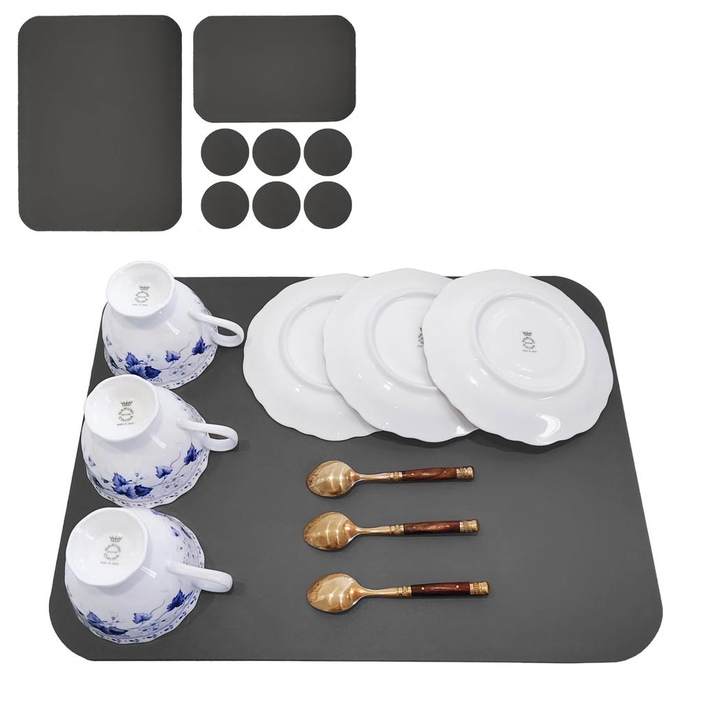 8-Piece Dish Draining Mat Set, Made In Japan, Diatomaceous Earth Mats + Diatomaceous Earth Coasters with Silver Ions (Dark Gray, 2 Dish Draining Mats