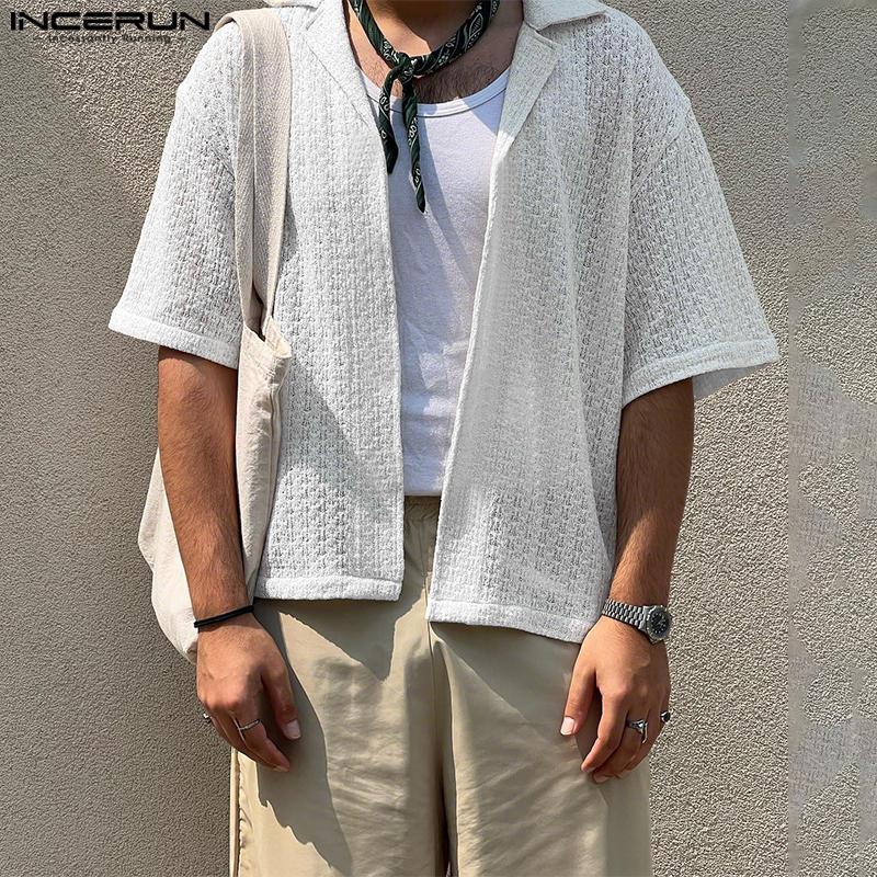

INCERUN Oversized Mens Short Sleeve Button Down Hollow Crochet Casual Shirts 4XL білий