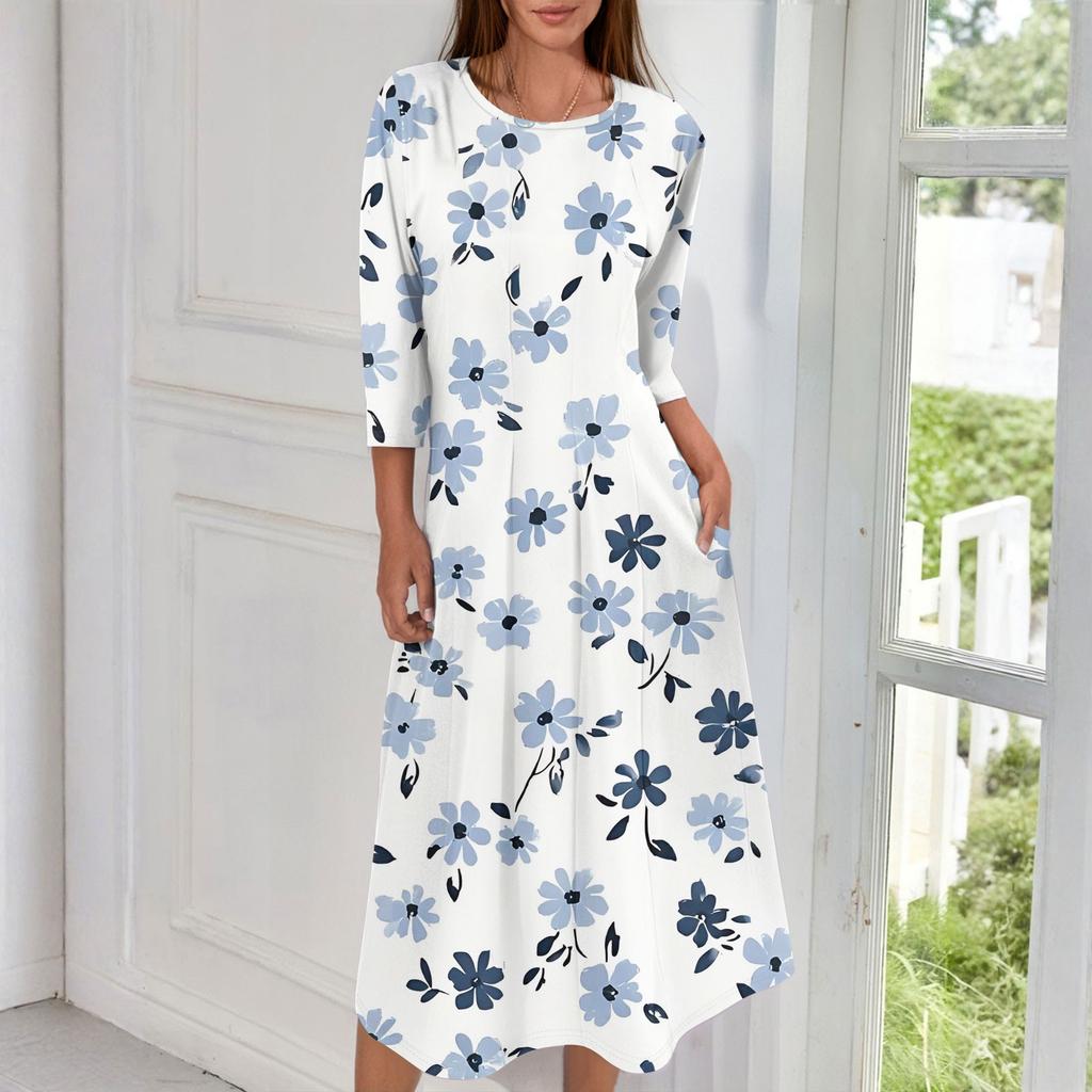 Rochie midi casual de damă la modă, cu gât rotund și mâneci trei sferturi