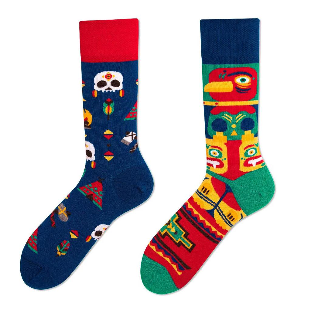 New Creative Couple AB Asymmetric Trendy Socks Fashionable Personalized Trendy Cartoon Jacquard Long Tube Cotton Socks