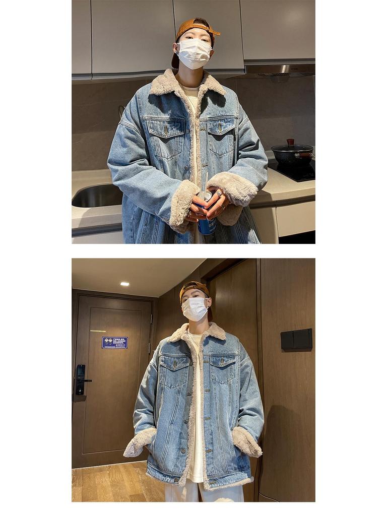 Men's Winter Denim Cotton Jacket with Velvet, American Style, High Street Look, Thick and Loose Fit