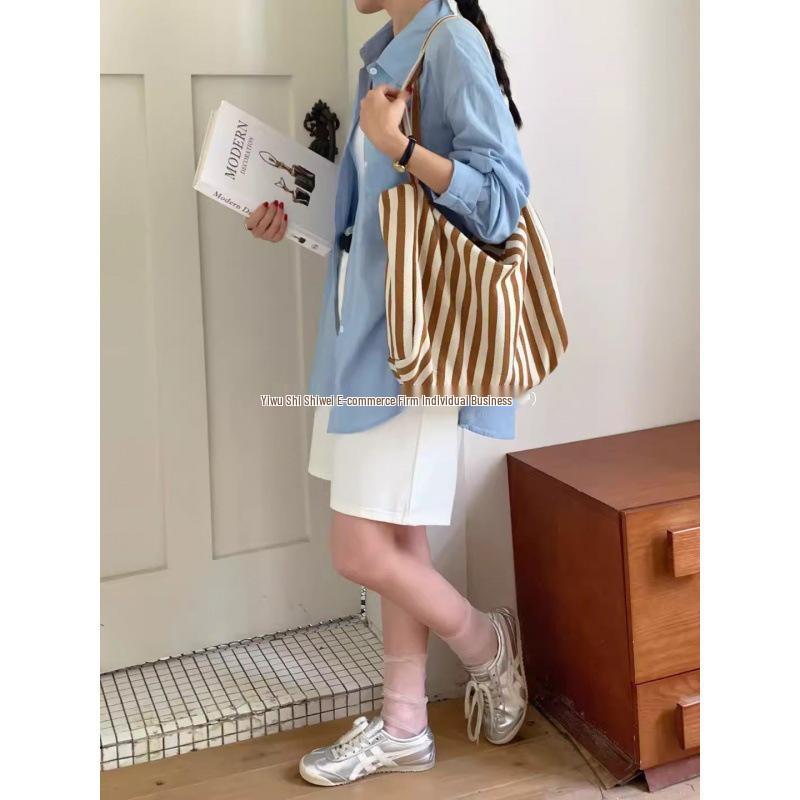 Korean Style Striped Canvas Tote Bag - Large Capacity Shoulder Bag for Women