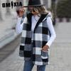 Casual Women's Mid-length Hooded Sleeveless Checked Double-sided Fleece Loose Jacket
