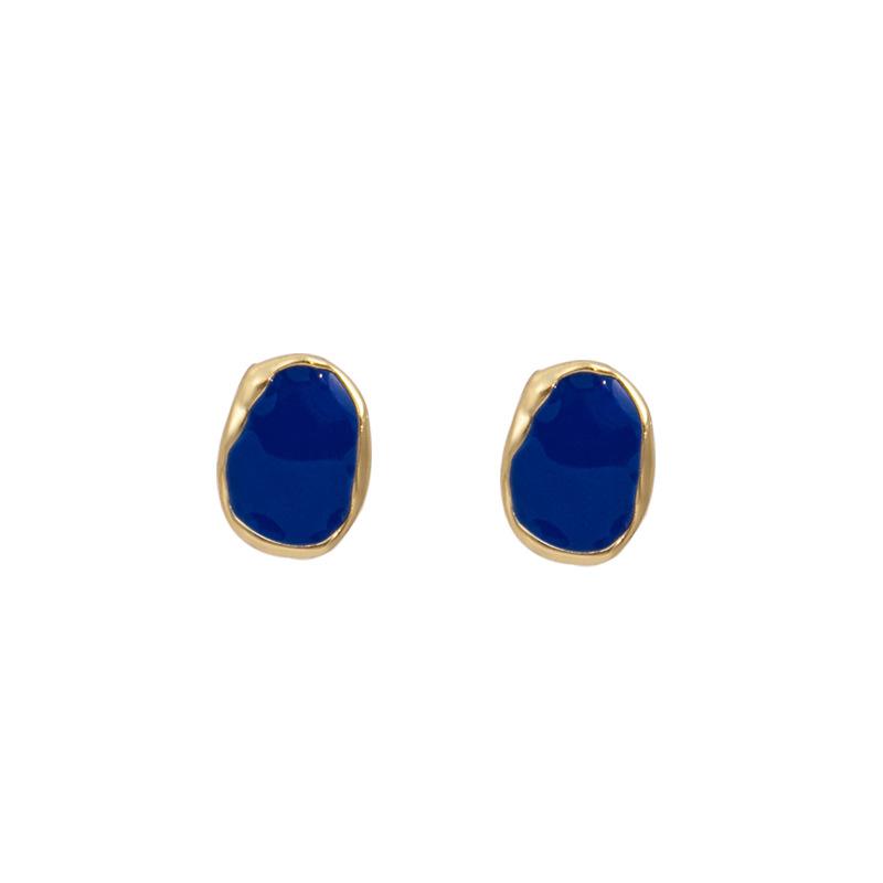 French Retro Irregular Geometric Dark Blue Oil Drop Earrings, Niche Simple Light Luxury High-End Jewelry