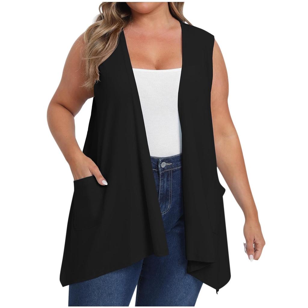 Women's Open Front Cardigans Loose Summer Sleeveless Tank Tops Loose Fit Casual Coverups Shirts With Pockets