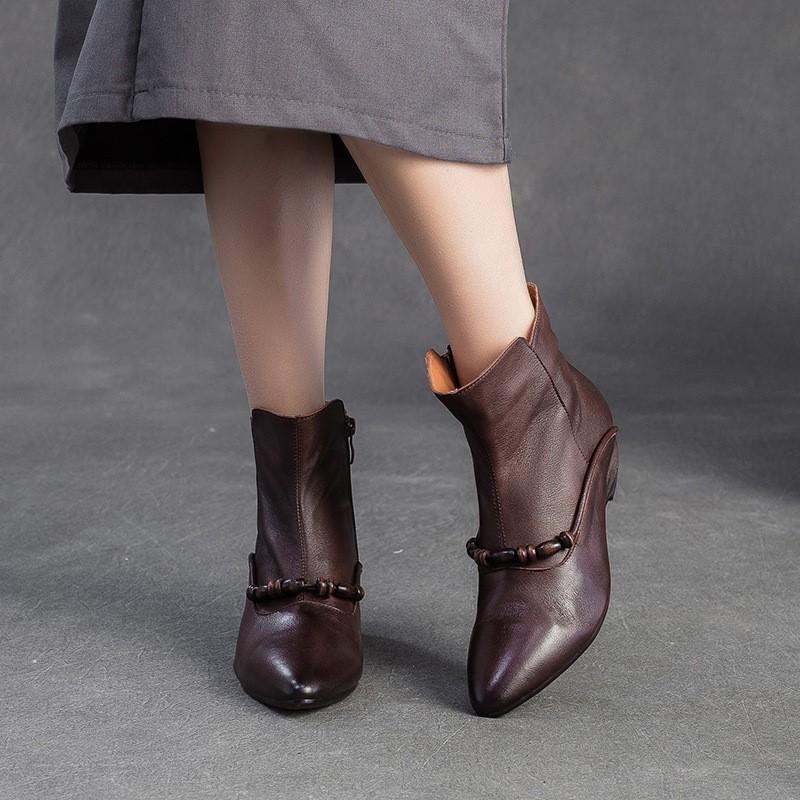 Johnature Genuine Leather Pointed Toe Ankle Boots Fashionable Versatile Mid Heeled Women's Shoes