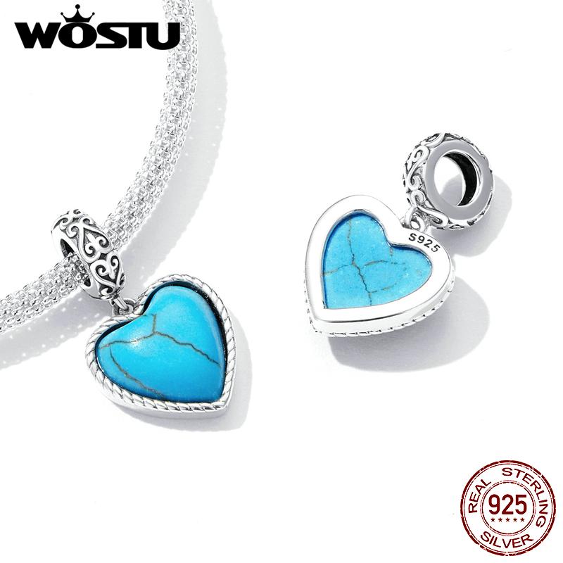 

WOSTU стерлингового серебра 925 пробы синий сердце любовь бирюзовый подвеска подходит оригинальный браслет ожерелье для женщин ювелирные изделия 925 silver
