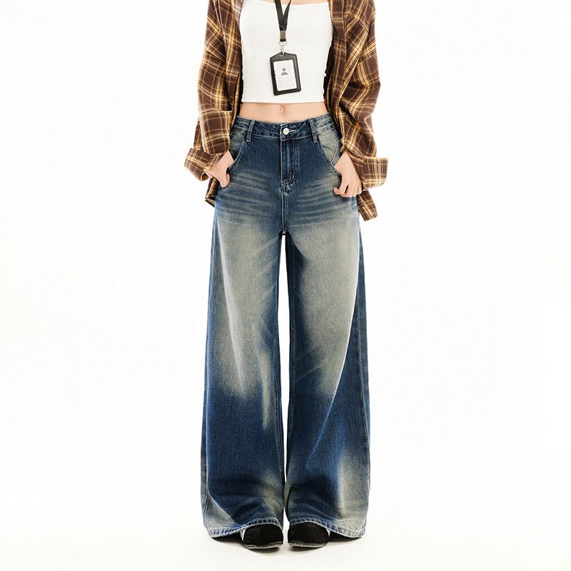 Early Spring Heavy Wash Vintage Relaxed Slim Floor Wide Leg Denim Pants For Ladies Casual Pants Oversize Denim Trousers