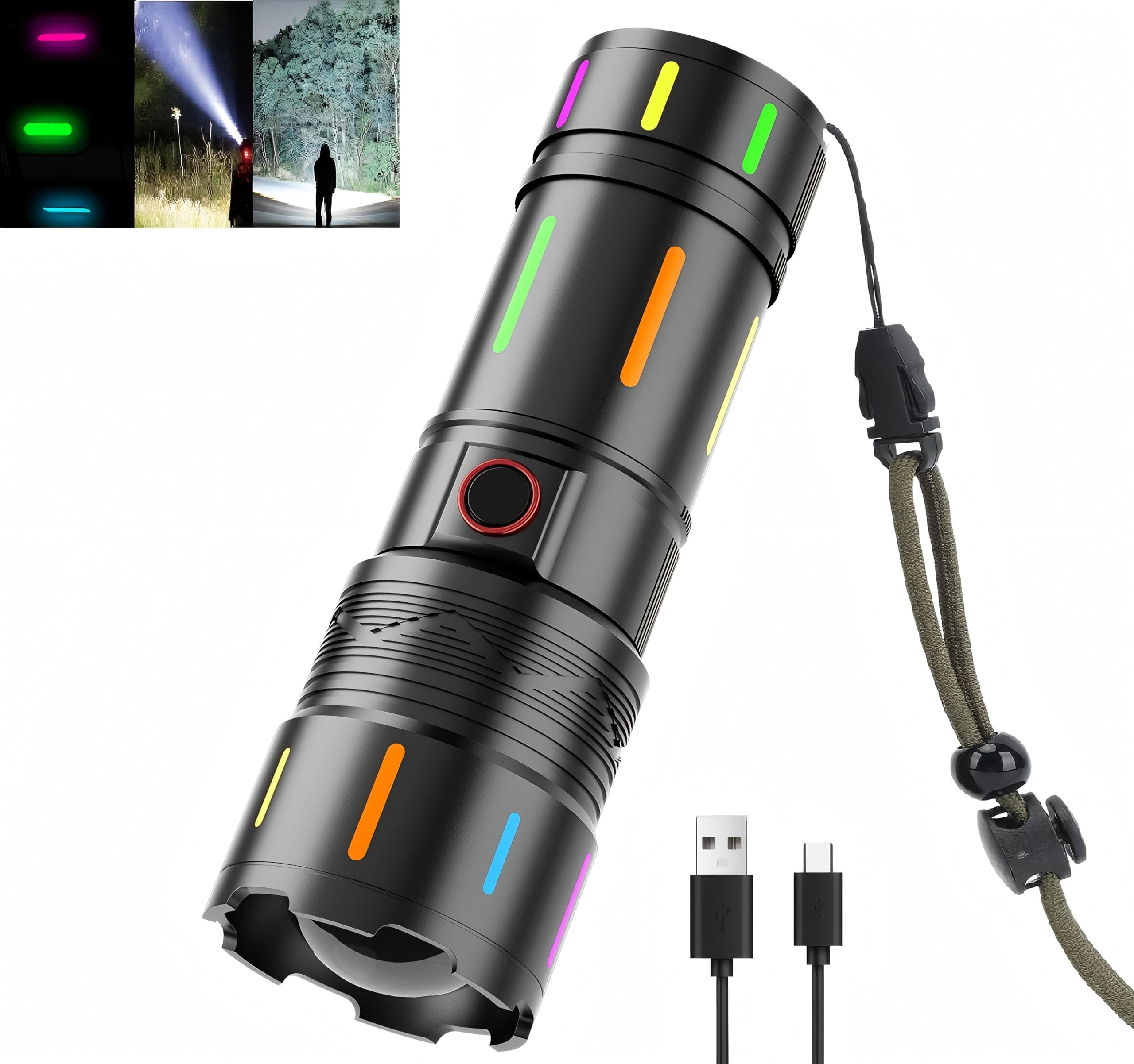 

2000 Lumens Flashlight with Luminous Powered by Three 18650 Up to 6 Hours of Battery Level Fast USB Car Adjustable Beam and Included Tail Cord for чёрный