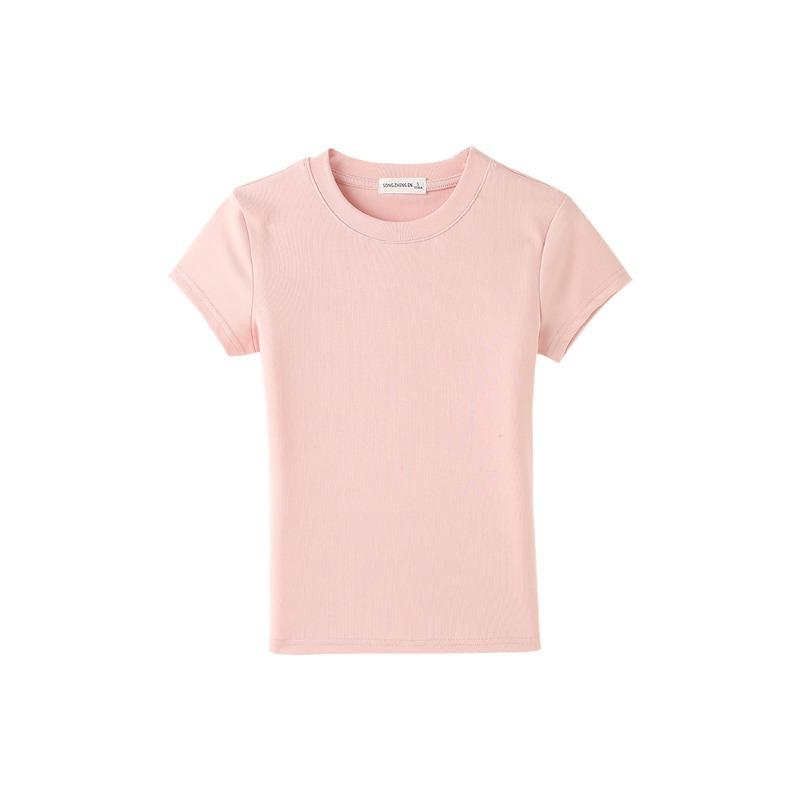 Pink shoulder short-sleeved t-shirt women's summer new solid color round neck slim-fitting short top