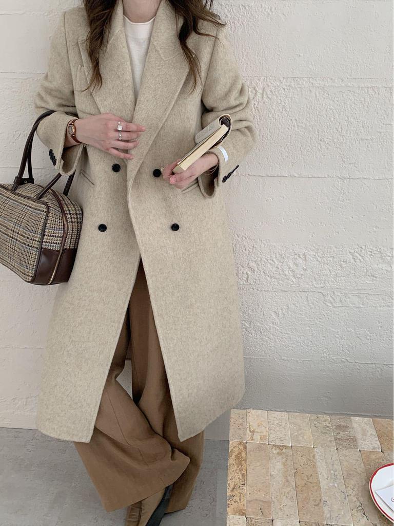 Korean Style Women's Urban Commuting Wool Coat - Long, Straight Shoulder Design with Suit Collar