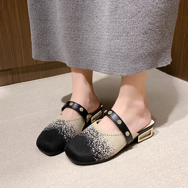 Fashion Spring New Baotou Slippers Women's Fashion Round Head Mesh Cloth Breathable Anti-slip Low Heel Slippers