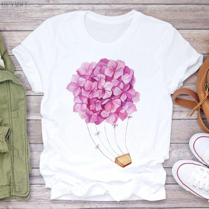 Watercolor Floral Hot Air Balloon Perfume Bottle Print Womens TShirt Casual Short Sleeve Top For Fashion Art Enthusiasts