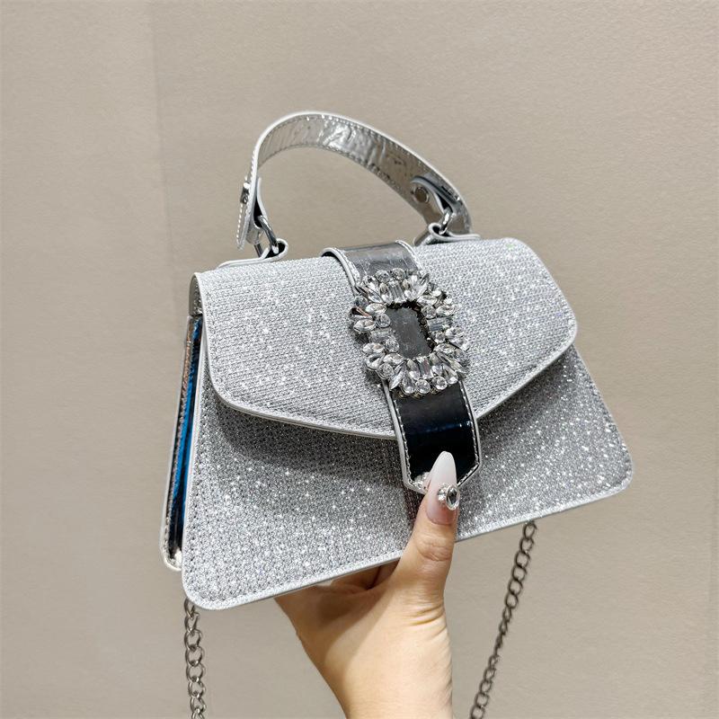 Fashion Rhinestone Women's Handbags Vintage Buckle Square One Shoulder Bags 2025 New Solid Color PU Chain Crossbody Bag