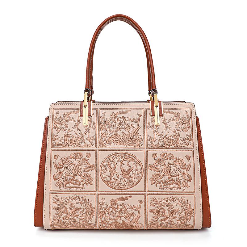 Embroidered Leather Tote: Patchwork Design & Dual Straps