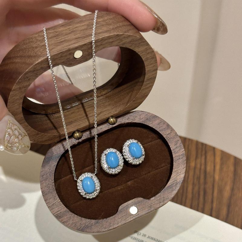 

Роскошные ретро серьги с овальной бирюзой для женщин, ожерелье с бриллиантами, изысканные синие комплекты ювелирных изделий