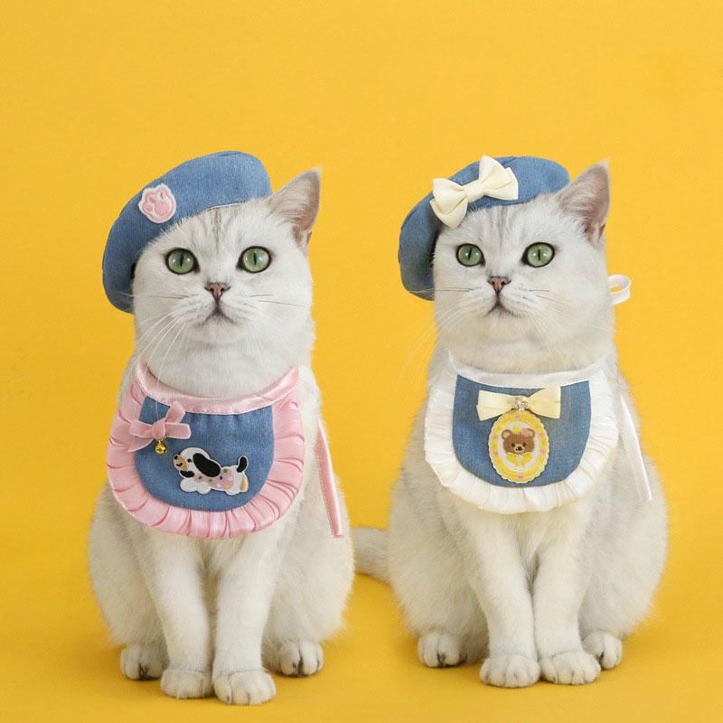 Cat Beret Suit Adjustable Flower Cat Dog Pearl Bow Bib Woven Pet Saliva Towel Wedding Party Bowknot Embroidery Princess Suit