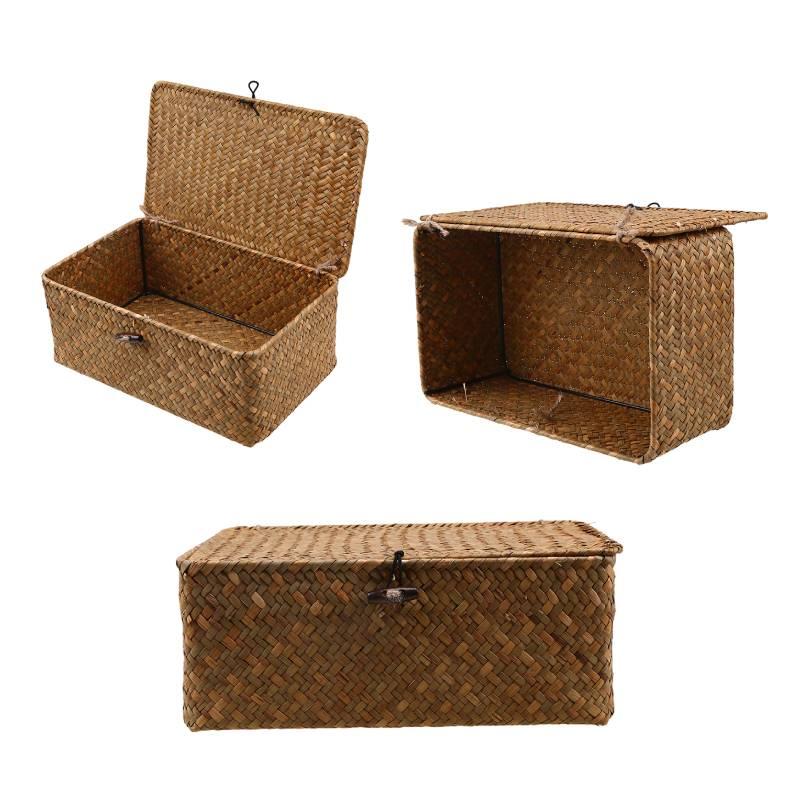 3pcs Handcrafted Grass Woven Storage Box With Lid Lock Gifts Xmas Hamper Basket