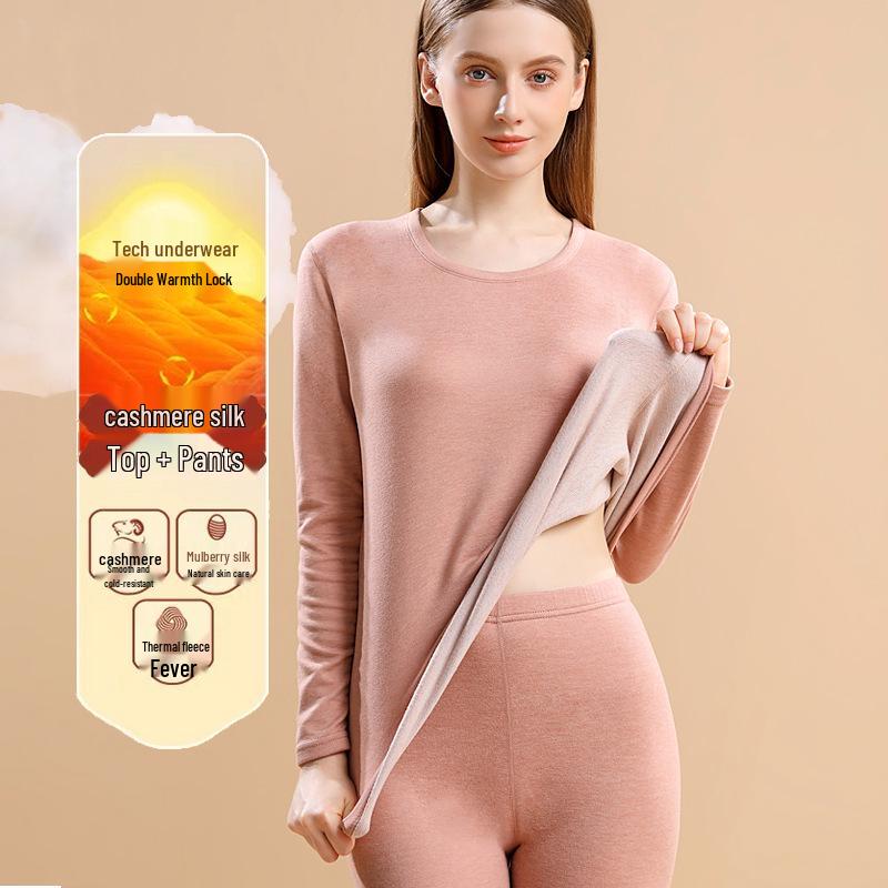 Cashmere Silk Men's and Women's Thickened Thermal Underwear Set: Velvet Autumn Suit with Bottoming Shirt and Pants for Couples.