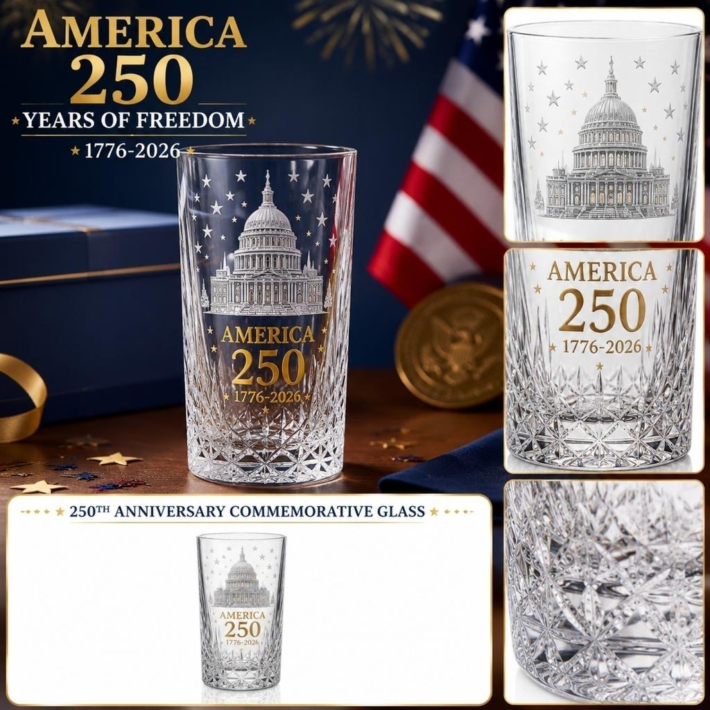Commemorative 250th Anniversary Glass Tumbler Featuring Capitol Building Etching and Star Pattern Suitable for Collectors and Everyday Use