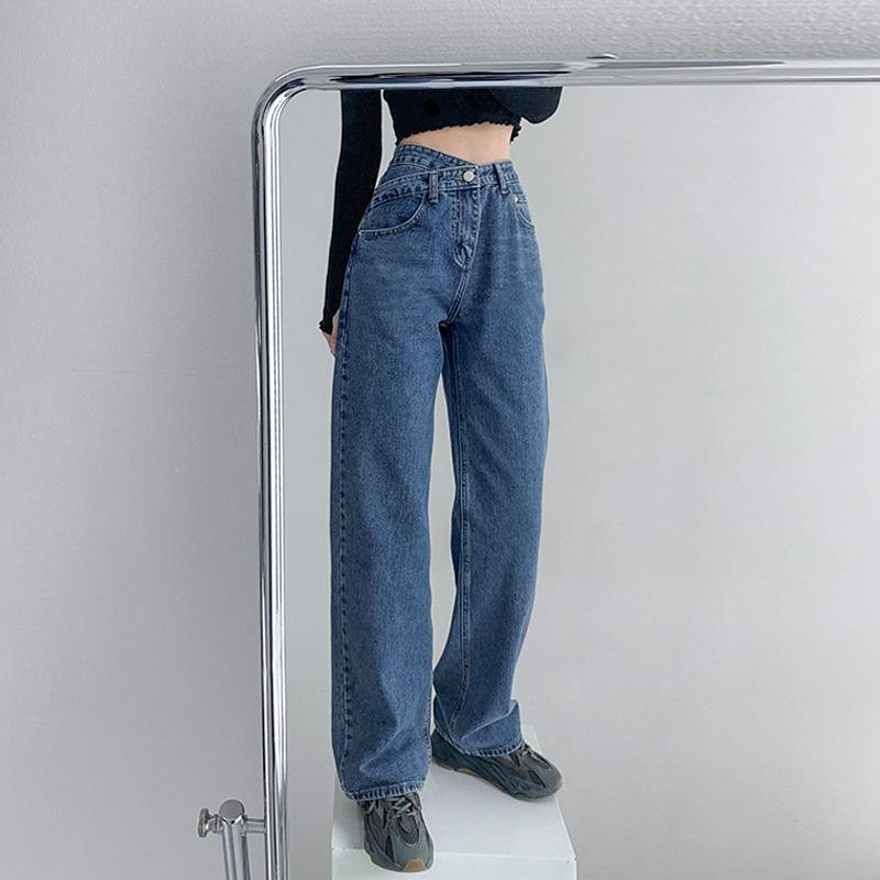 

Женские джинсы в стиле ретро с высокой талией, свободные прямые брюки из денима с драпировкой XXL синий
