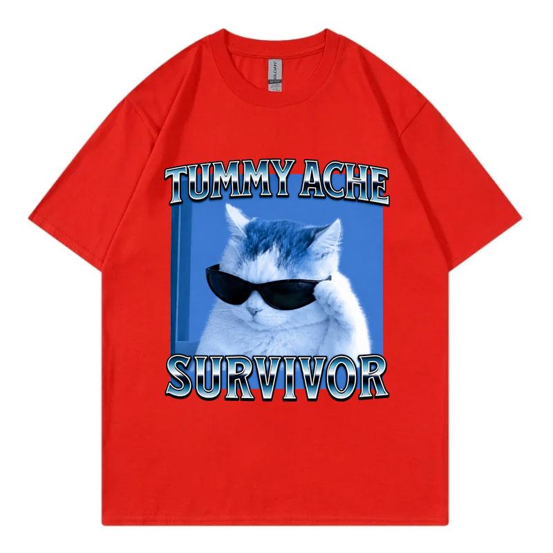 Tummy Ache Survivor Funny Cat Meme Tshirt Unisex Unisex Casual Comfort Short Sleeve Tshirts High Quality Fashion Oversized T Shirt