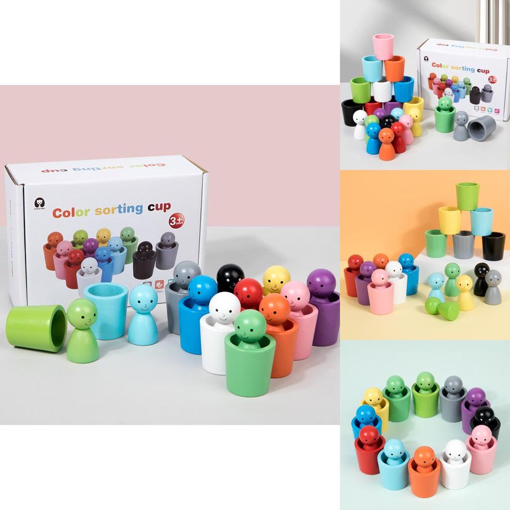 Montessori Farb-Sortierbecher aus Holz für Kinder Hand-Auge-Koordination Lernspielzeug