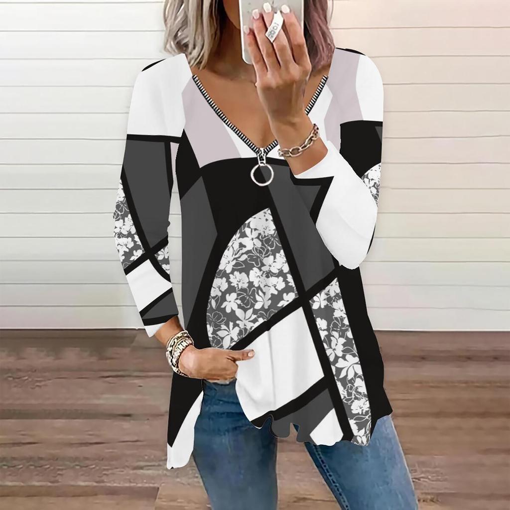 Women's Fashion Casual Zipper V- Neck Irregular Striped Geometric Print Long Sleeve Jacket