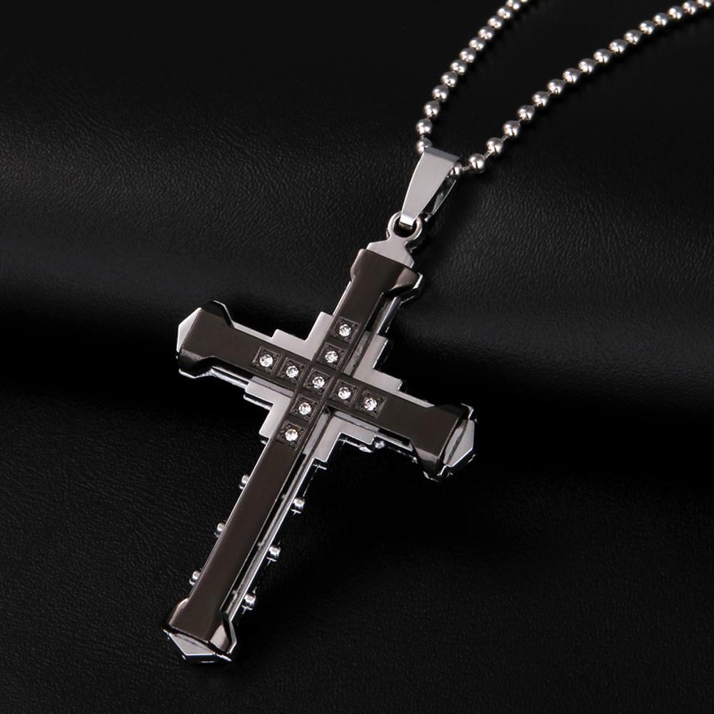 SUMENG 2025 New Male Crystal Cross Jesus Pendant Gold/Black/Blue Color Zirconia Necklace Stainless Steel Jewelry