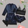 4-Piece Women Sexy Garter Lingerie Set Robes Lace Bodysuit Deep-V Neck Underwear
