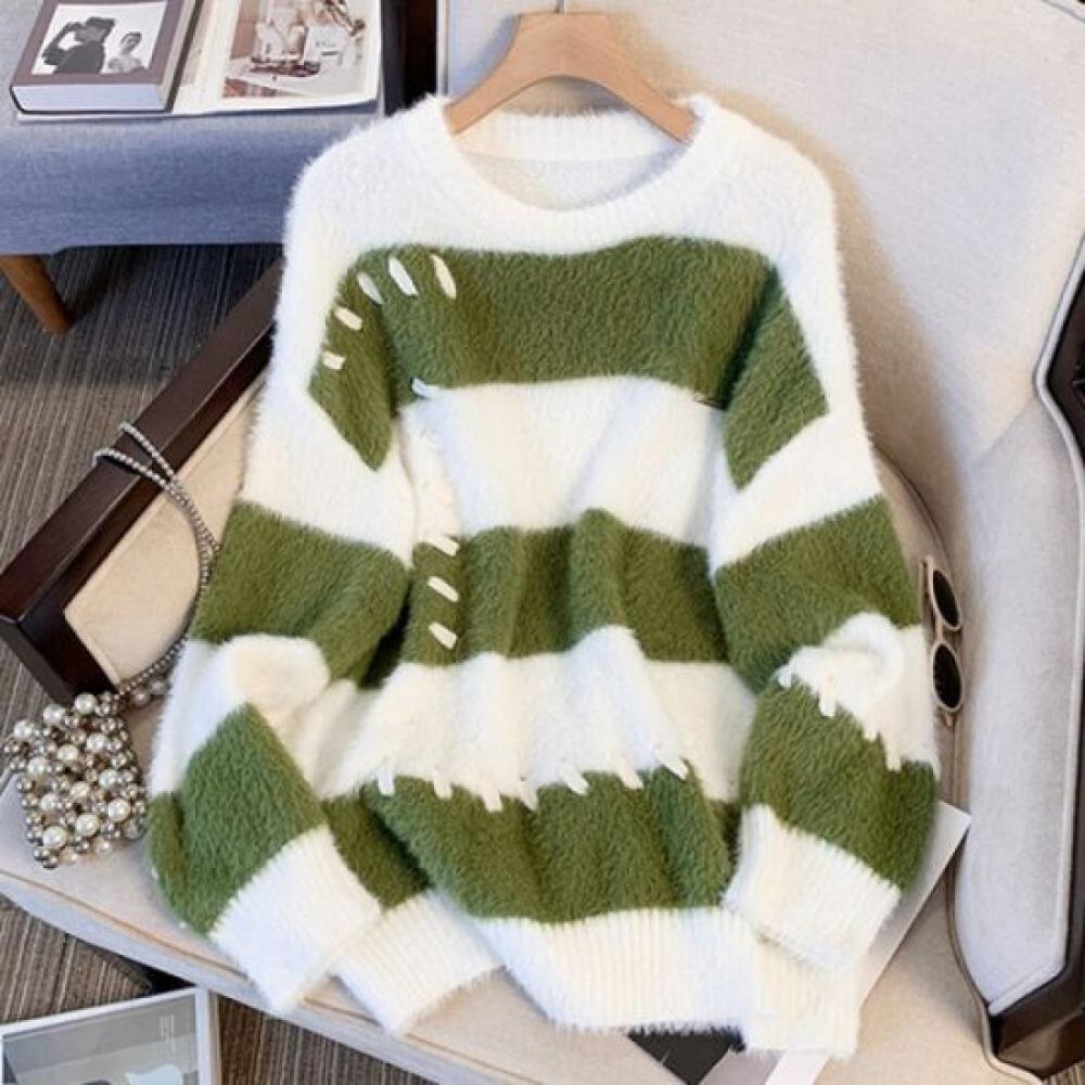Navava Men Color Block Striped Mink Long Sleeve Knit Sweater Nk2681