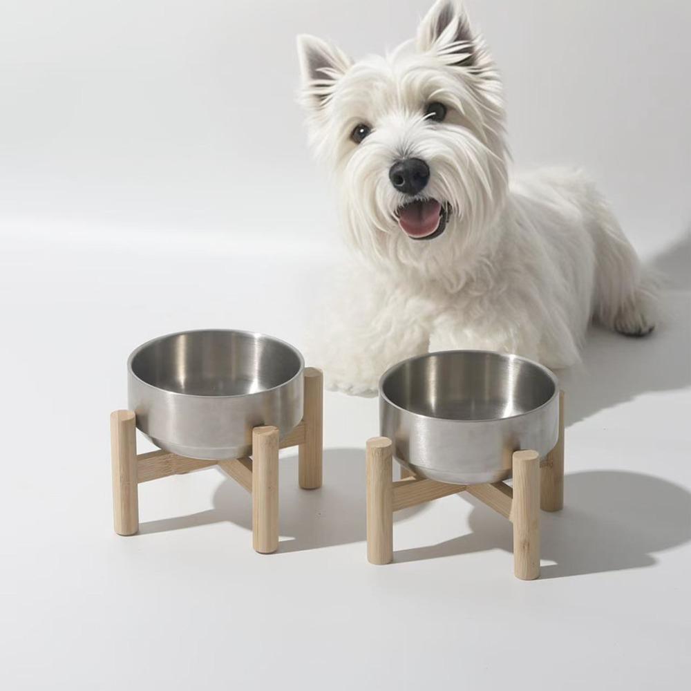 Wooden Stand Stainless Steel Dog Bowl Tilt-proof Dog Water Bowl Pet Feeder  for Puppy Dog Cats