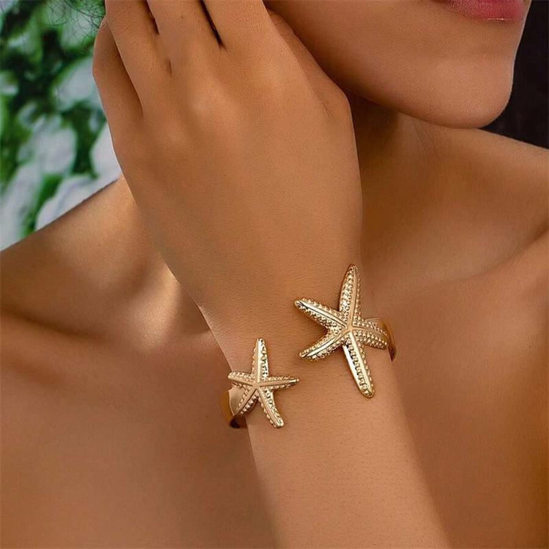 Vintage Metal Flower Starfish Upper Arm Cuff Bracelet For Women Gold Color Geometric Open Bangles Femme Aesthetic Jewelry Gift