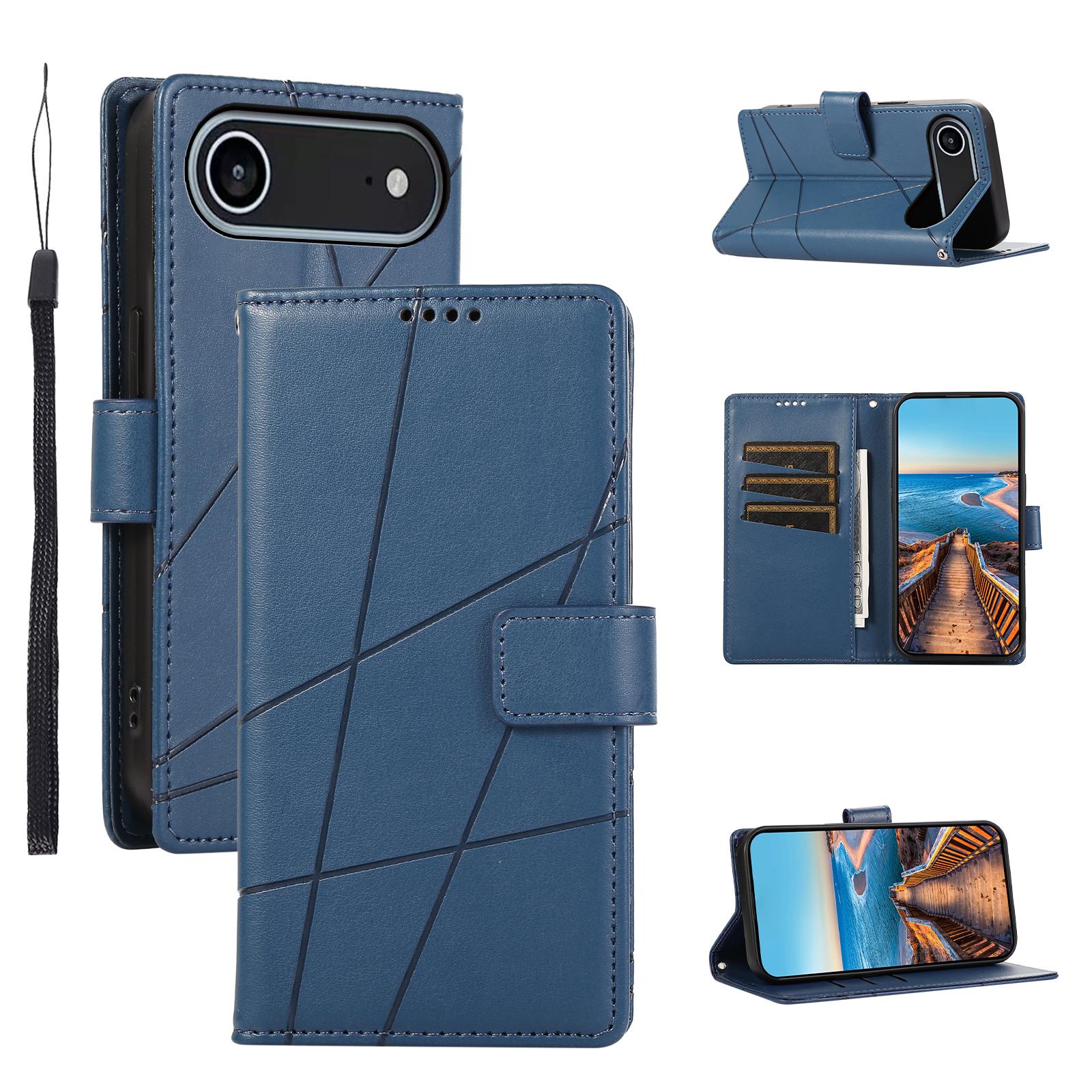 

For iPhone 17 Air Phone Case Line Imprint Leather Wallet Cover with Wrist Strap Blue