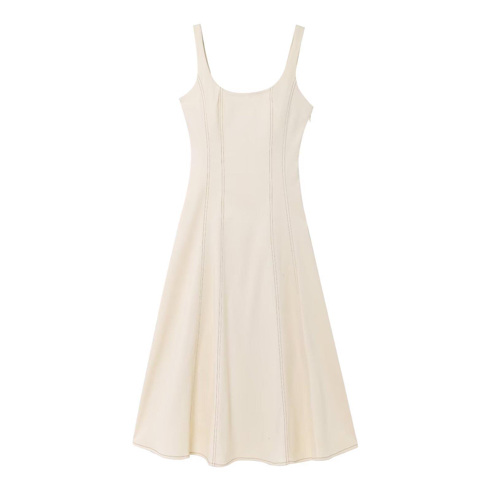 

2025 Весна Женское Платье в Европейском и Американском Стиле Модное Платье Миди с Открытыми Швами L грязно-белый