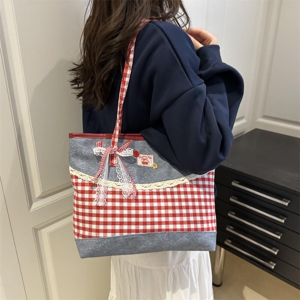 Fashion Lattice Lace Bow Shoulder Bag Casual Large Capacity Handbag Versatile Tote Bag Women