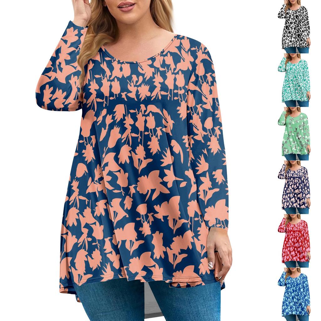 Dames pluss størrelse topp, hageskrage langermet skjorte, moteriktig blomsterprint avslappet topp