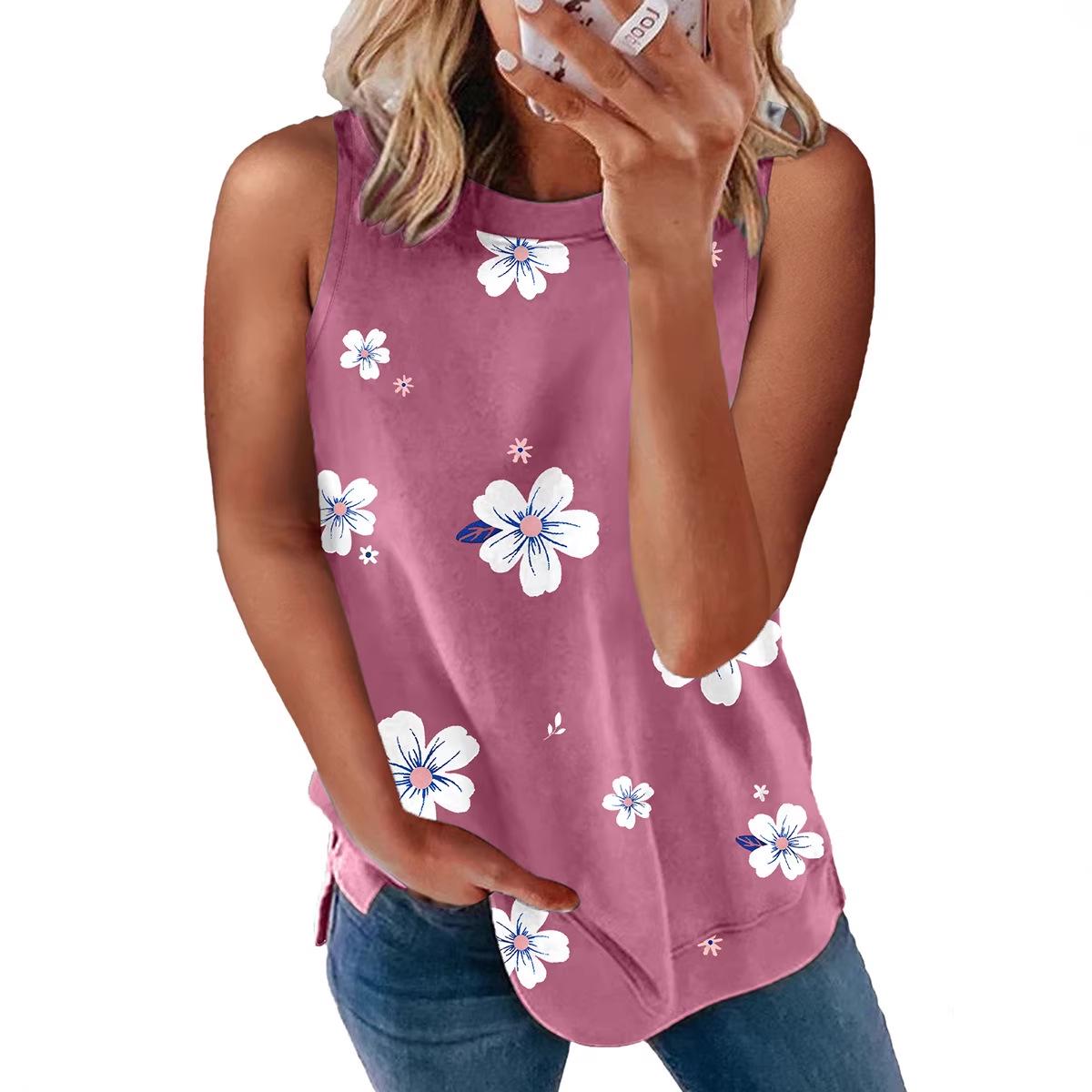 Women s Summer Floral Print Loose Round Neck Pullover Vest - European & American Fashion S розовый