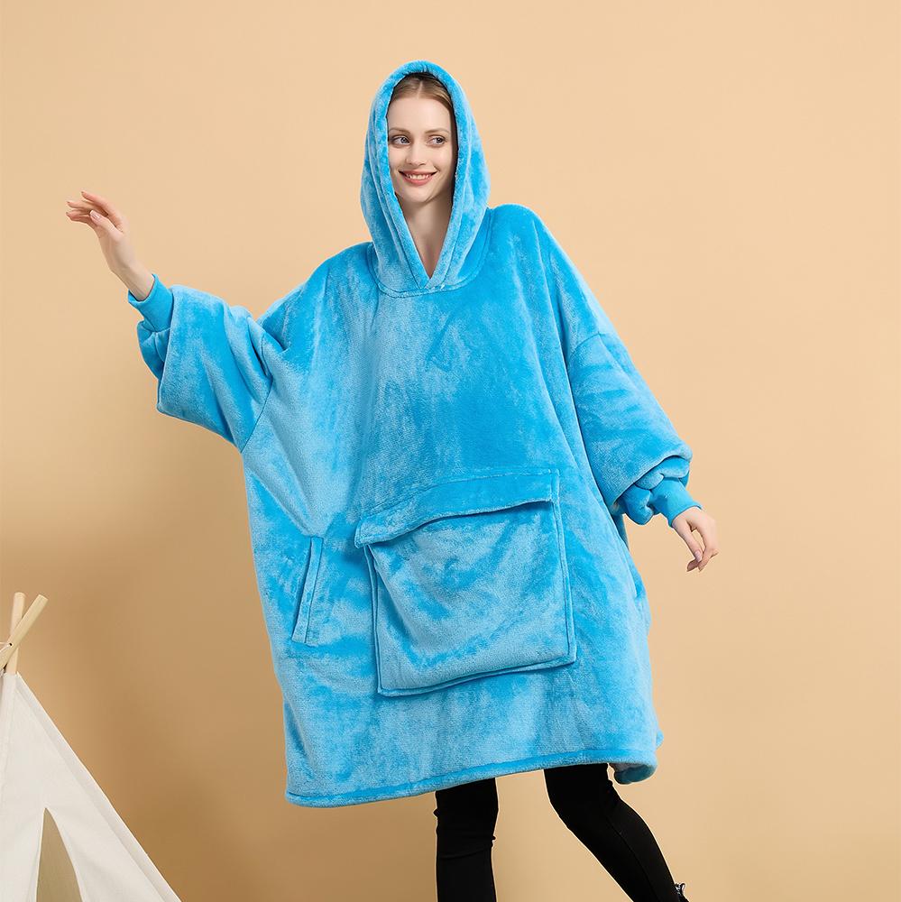 Manufacture Comfortable 100% Polyester Hooded Blanket Flannel Fleece Solid Color Cozy Warm Blanket Hoodie