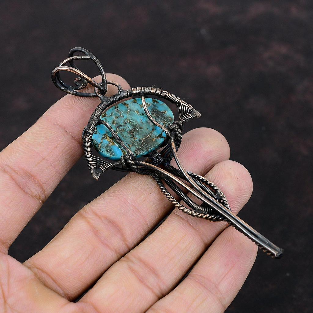 Copper Blue Turquoise Pendant Copper Wire Wrapped Jewelry Gemstone Pendant For Women Handmade Jewelry Copper Wire Wrap Pendant Gift For Her