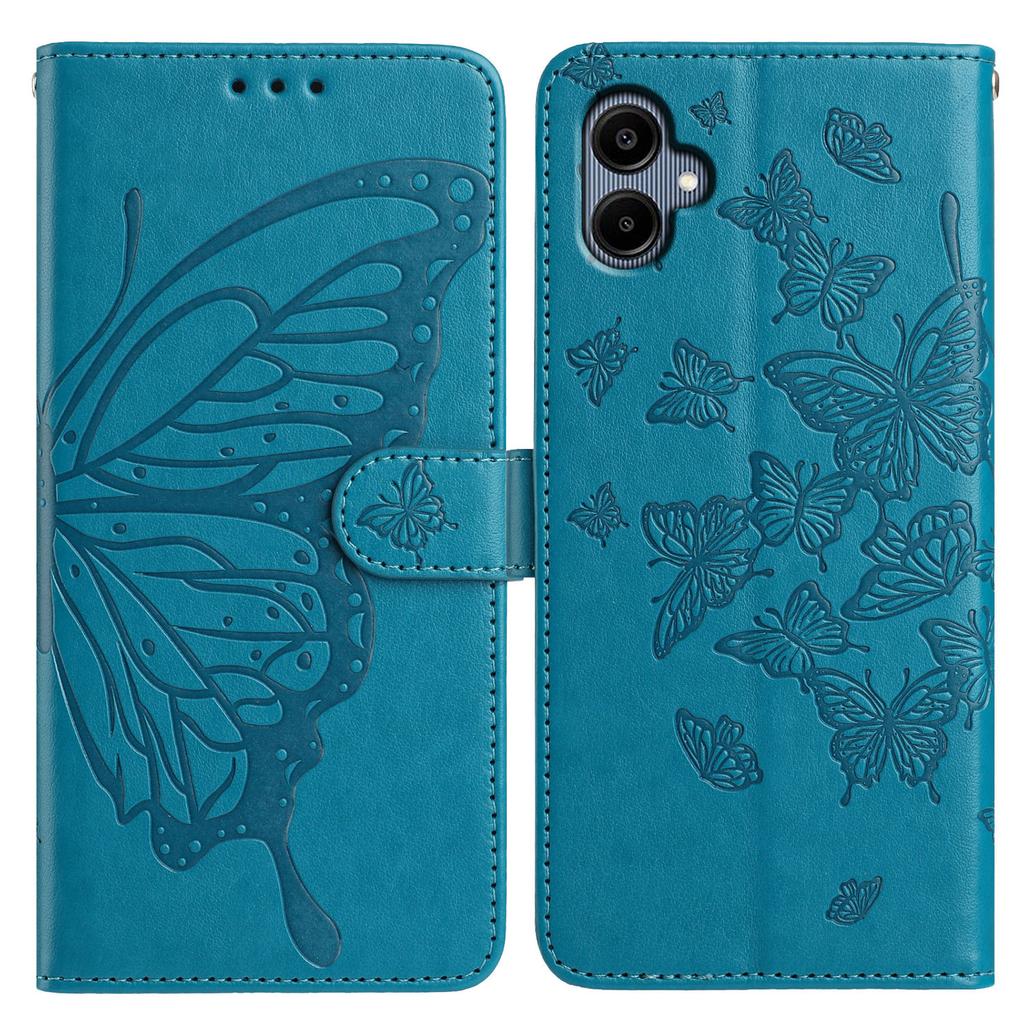 Für Samsung Galaxy A06 5G/A06 4G Hülle Schmetterling Geprägtes Wallet Ständer PU Leder Klapphandyhülle mit Riemen