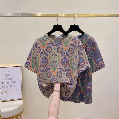 Camiseta de Algodão de Tamanho Grande Manga Curta Roupas de Verão Femininas Versão Coreana da Camiseta Solta e Fina Estampada Gola Redonda Feminina
