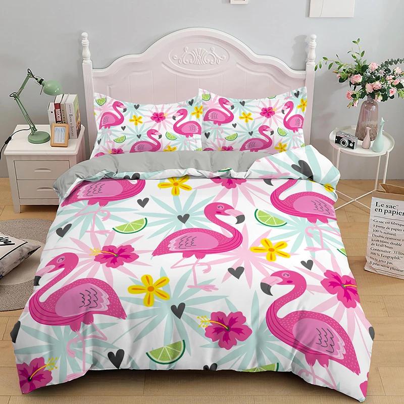 3D Flamingo Printed Beding Set King Quen Sized Dimensions Carton Pink Animals Soft Duvet Cover Featuring Pilowcases 2/3pcs Polyester Comfortable Quilt