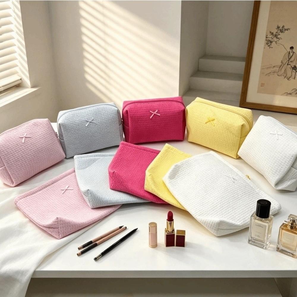 Large Capacity Waffle Knit Makeup Bag Bow Decor Toiletry Organizer Sweet Cosmetic Bag Daily