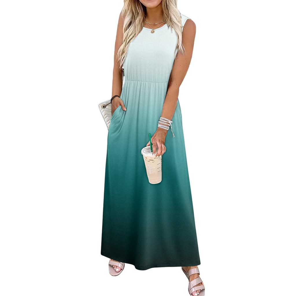 Ladies' Gradient Printed Casual and Fashionable Waist Cinched Sleeveless Dress