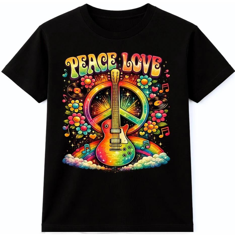 Music Festival T Shirt Peace Love Guitar Retro Hippie Boho Graphic Tee XXL