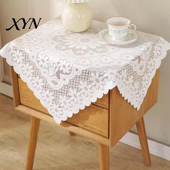 Durable Lace Table Cover Square Floral Doily, Scalloped White Tablecloth, Vintage Style Small Non-shrinking Tablecloth for Coffee Side Tea Party Home