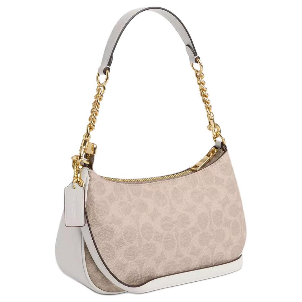 Coach Teri 24 Monograma Clásico Logo Cierre de Cremallera Lona Recubierta Bolso de Mano Cruzado al Hombro Mediano Bolsos de Mujer Arena Blanco Tiza CV933-IMXDM