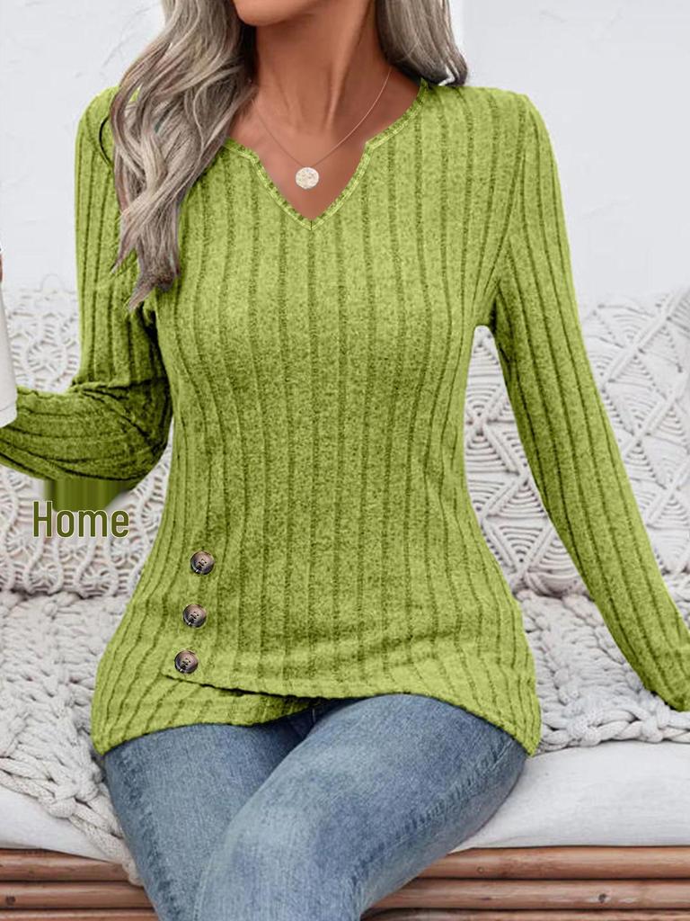 European & American Ribbed V-Neck Long Sleeve Top with Cut-Out Detail & Irregular Hem